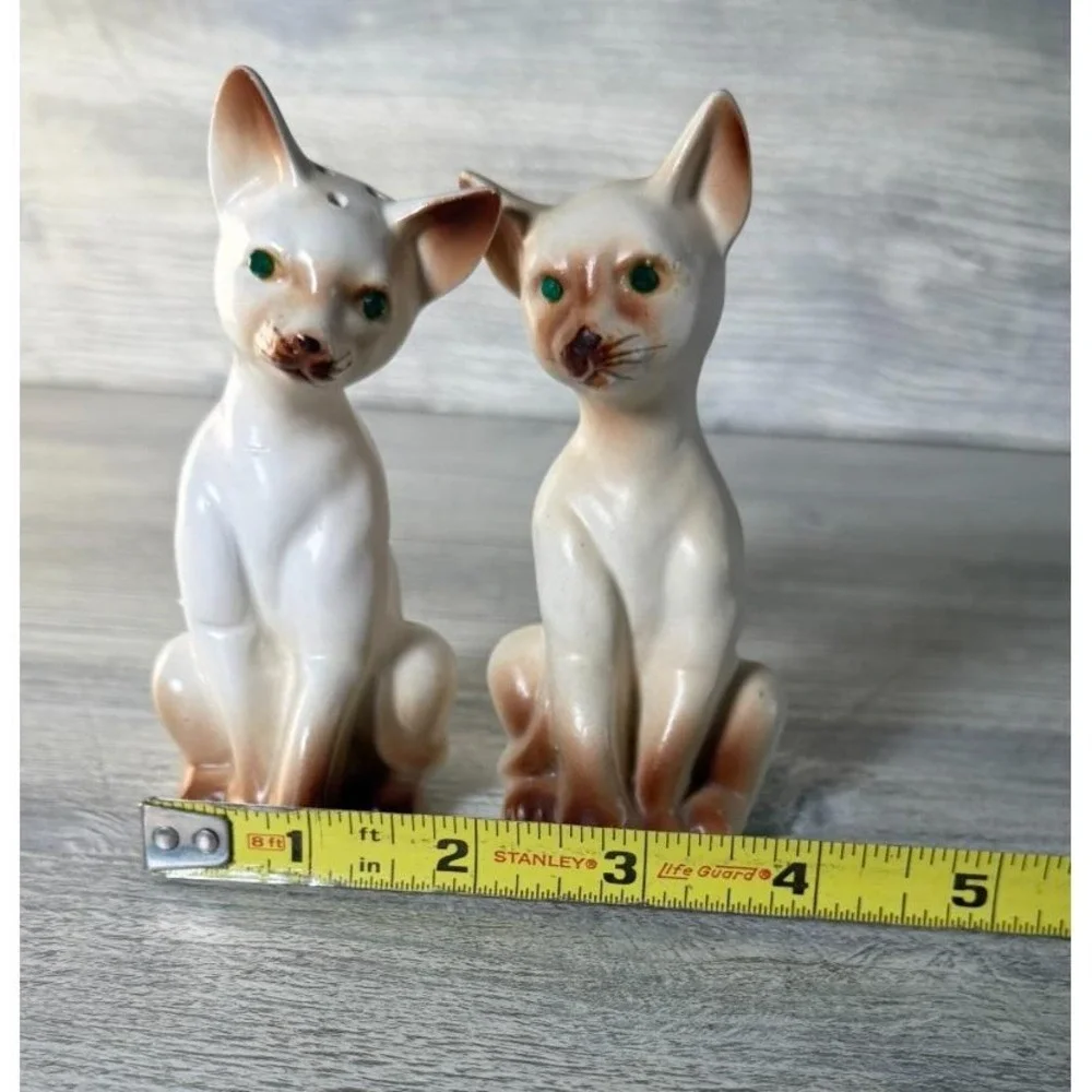 Vtg Salt & Pepper Shakers Siamese Cat Green Rhinestone Eyes W/Stoppers Japan